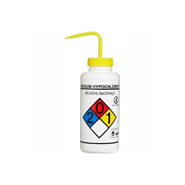 Bel-Art LDPE Wash Bottles 118320015, 1000ml, Sodium Hypochlorite Label, Yellow Cap, Wide Mouth, 2/PK 118320015 - main